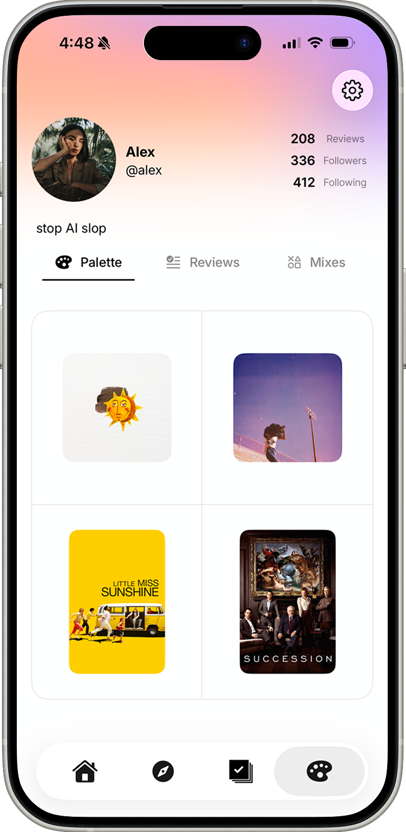 Palette mobile profile showing books, films, shows, and music